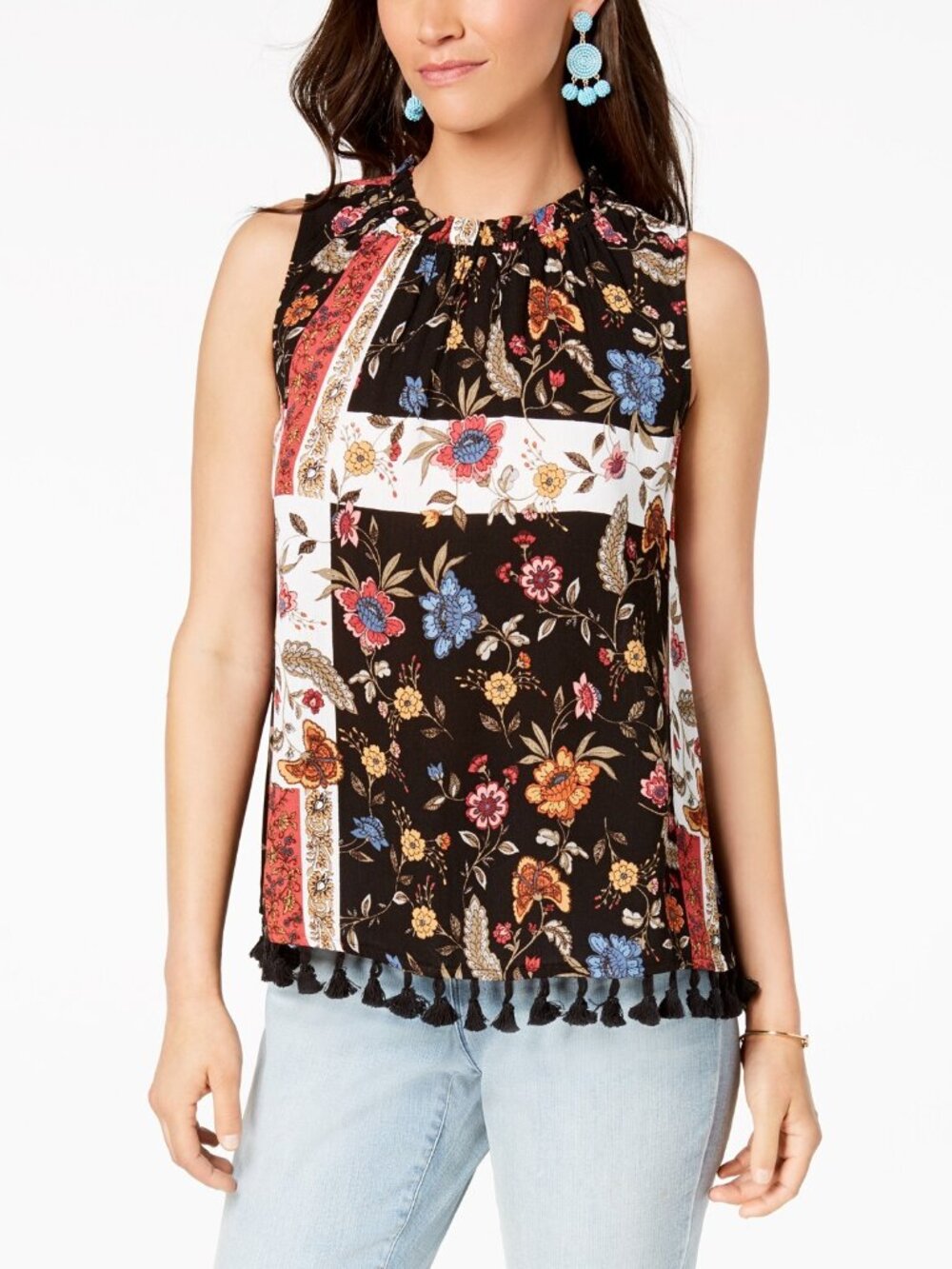Style & Co Womens Printed Mesh Trim Top